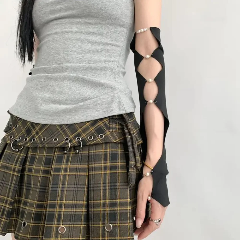UV Protection Cool Black Punk Arm Sleeves Springy Y2K Pearl Half Finger Arm Cover Leg Socks Thin Hollowed Calf Sleeve Girls