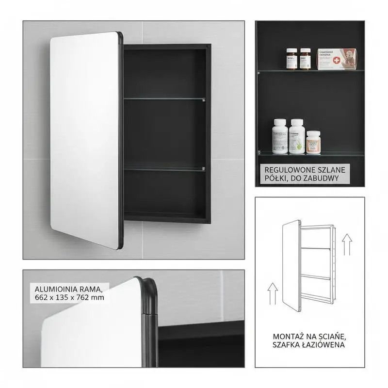 Mirrored medicine cabinet (662 x 135 x 762 mm) for bathrooms with mirrored door and adjustable glass shelves, built-in and wall mounting, aluminum frame, bathroom cabinet view 6