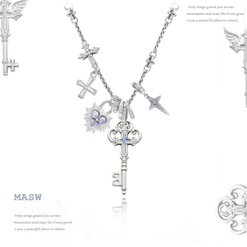 MASW Original Design Simply Luxury Temperament Cross Key Heart Pendant Necklace For Women Party Gifts Fashion Jewelry