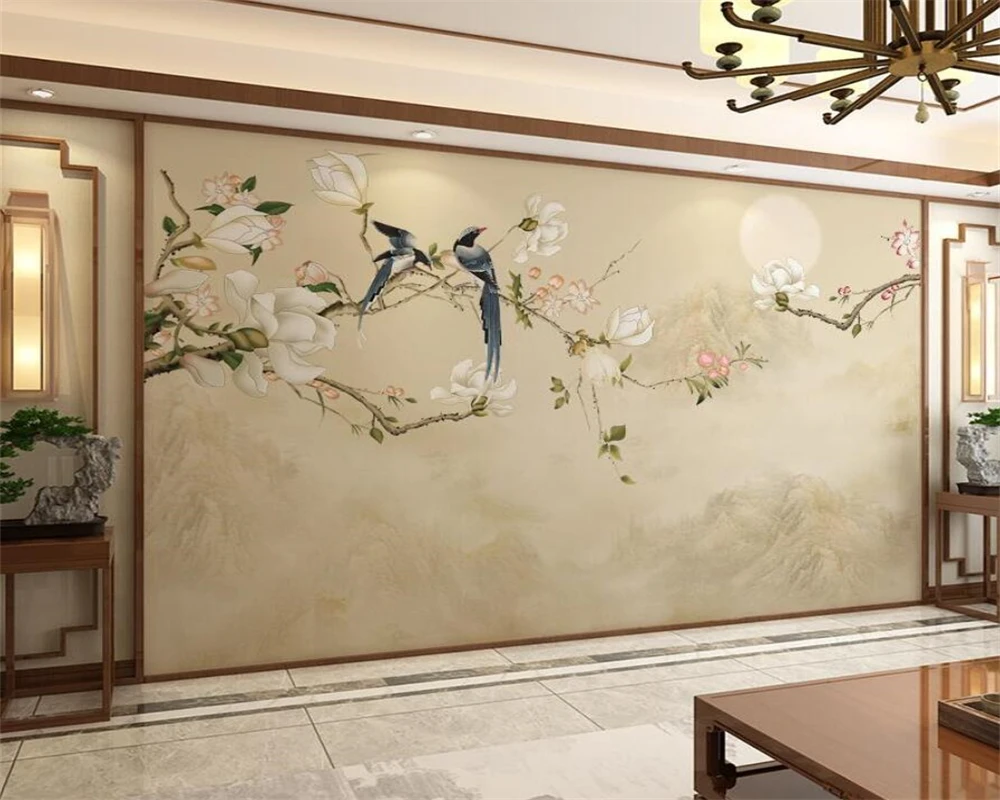 beibehang Customized new Chinese style TV background living room, flower bird landscape bedroom, bedside wallpaper