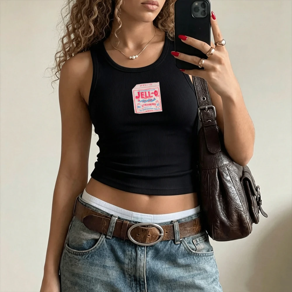 JELL-O Jelly Vintage Package Letter Print Y2K Camisole Ribbed Tank Top Slim Fit Crop Top Sleeveless Crew Neck Cropped Cami Vest