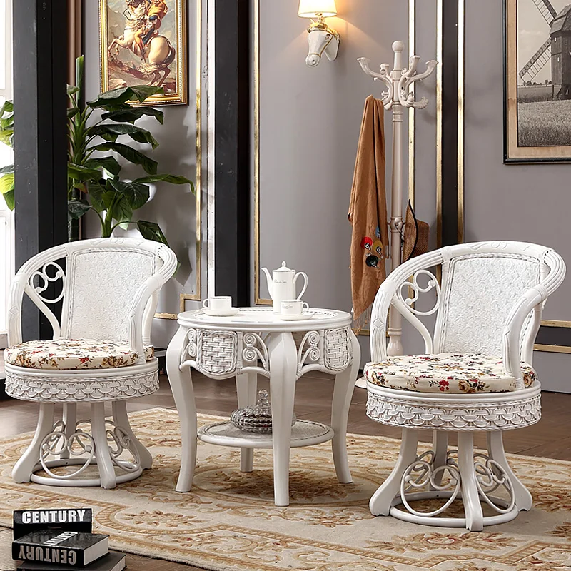 Balcony Real Rattan Table Chair Tea Table Combination White Solid Wood Rattan Tea Table Three-piece Set of Furniture