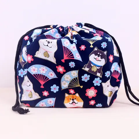 일본 고양이 인쇄 Drawstring 도시락 상자 보관 가방 여행 피크닉 휴대용 쉬운 워시 도시락 도시락 상자 토트 파우치