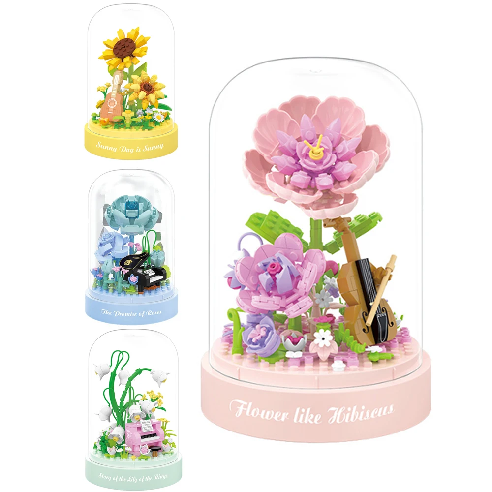 Creative Music Box Flower Mini Block Construction Sets Building Brick Rose Sunflower Hibiscus Lily Valley Toys For Girls Gifts