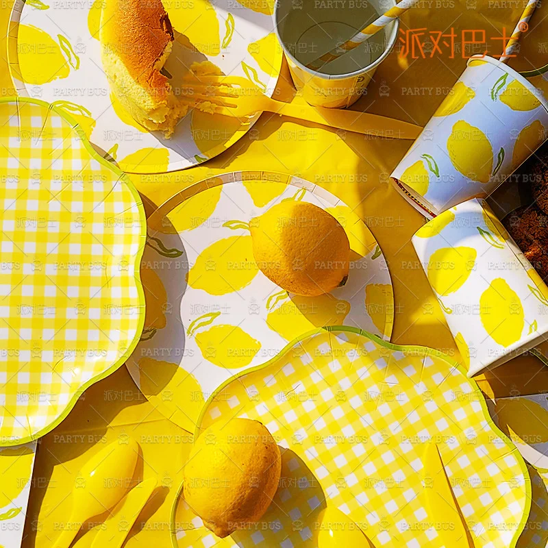 1set Fruits Disposable Tableware Orange Lemon Peach Plates for Kids Summer Fruits Themed Happy Birthday Party Decoration Supply