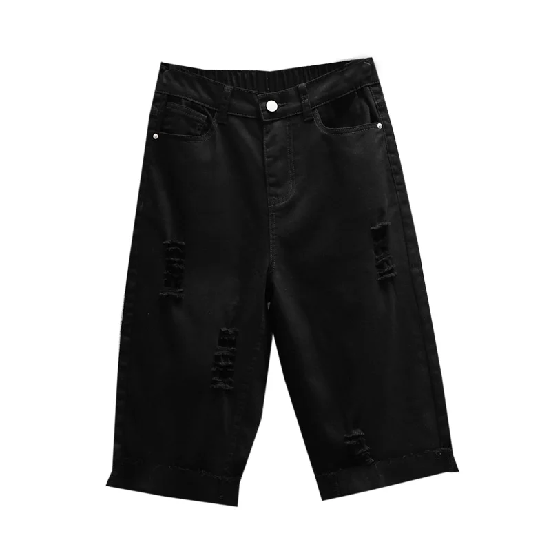 

Большие размеры, эластичные джинсы с отрывными отверстиями, прямые джинсы «пять четвертей», повседневные джинсы с высокой талией средней длины для полных женщин, новое поступление лета