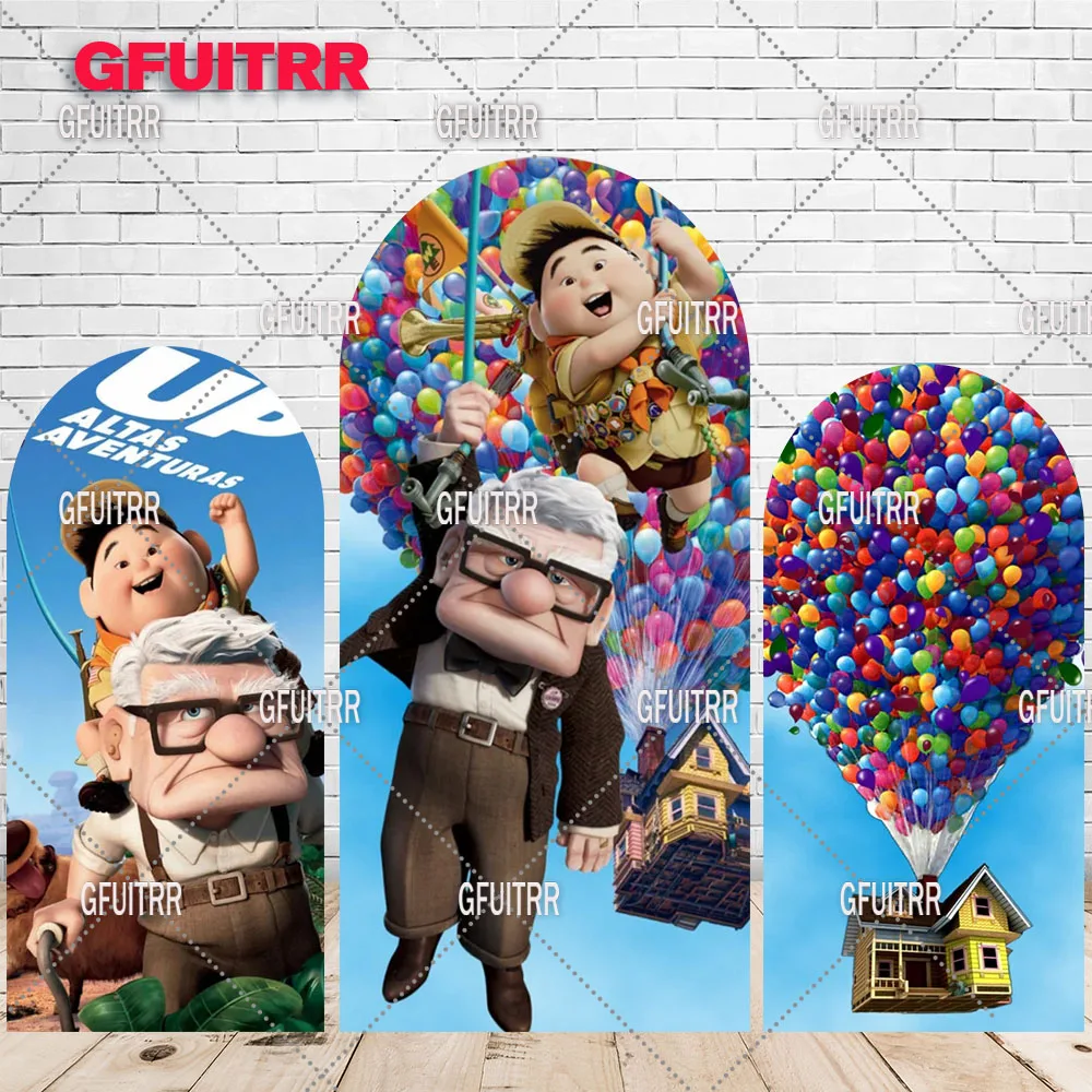 Fondo temático Up, cubierta de arco de globos de colores, decoración de cumpleaños para niños, fondo de fotografía, utilería de cabina de poliéster para fiesta