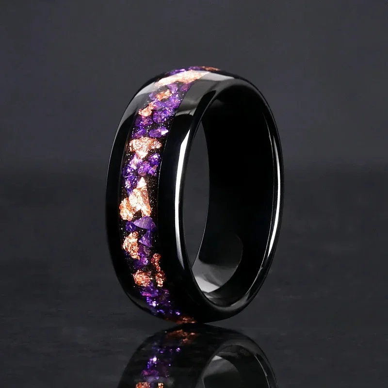 ALEXANDRITE AND ROSE GOLD FOIL WEDDING BAND, COLOR CHANGING RING, BLACK TUNGSTEN RING, DOME, POLISH, COMFORT FIT