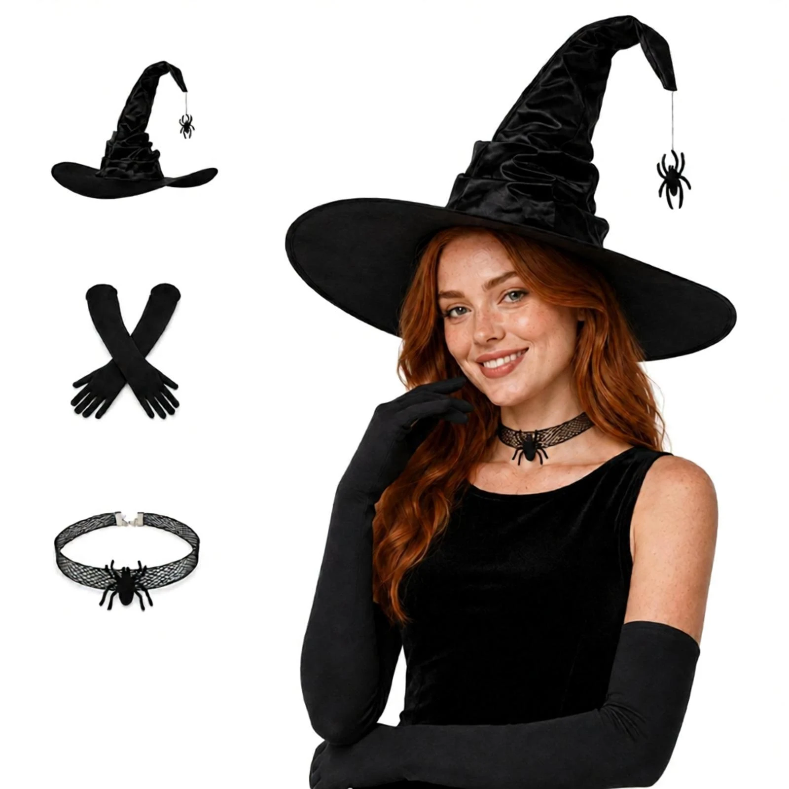 AwwwCos Witch Costume Accessories Set Black Ruched Witch Hat Pendant Spider/Bat Choker Necklace Gloves for Halloween Cosplay