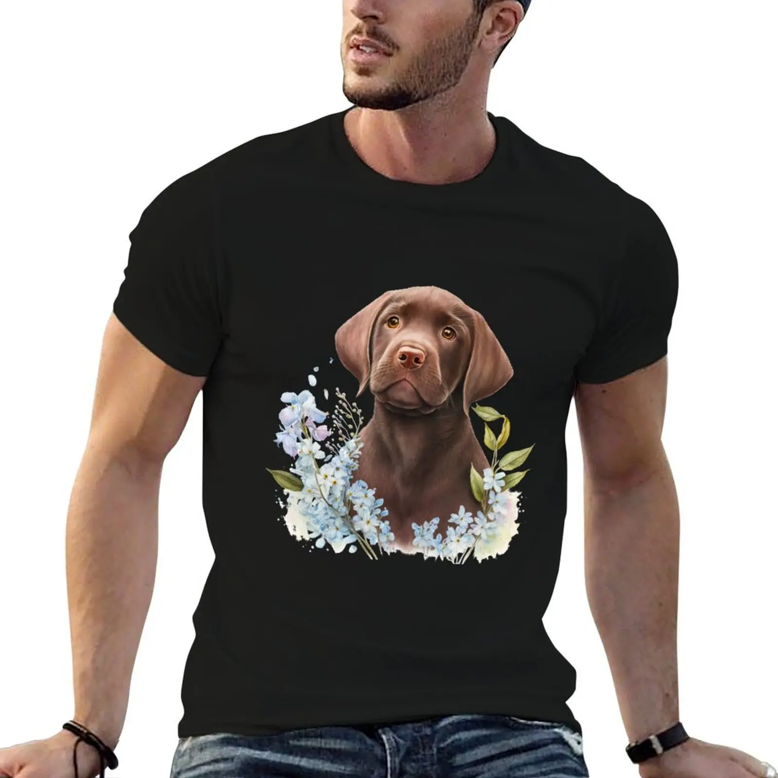 Chocolate Labrador Puppy with Blue Flowers Cute Chocolate Lab Puppy T-Shirt vintage anime shirt blanks compression shirt men