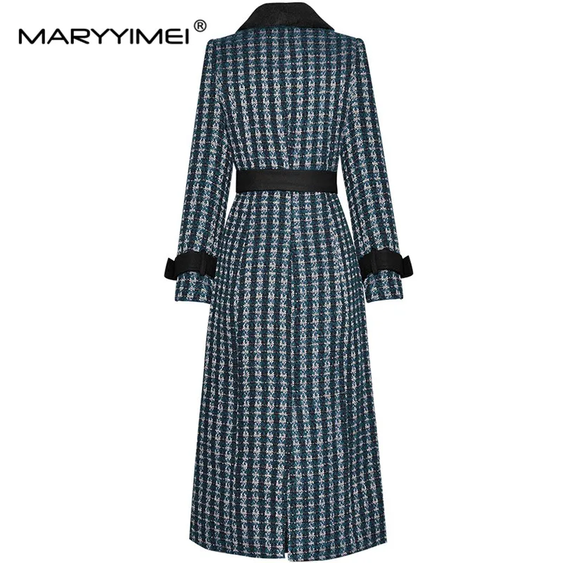 MARYYIMEI-Manteau à carreaux cranté à simple boutonnage pour femme, pardessus à manches longues, à lacets, mince, bleu, rouge, nouveau style, automne, hiver