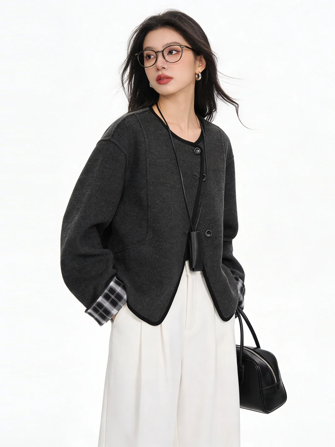 

Double-Sided Woolen Plaid Contrast Color Korean Sle ort Coat Early Spring New Model High-End Feeling Women's Top