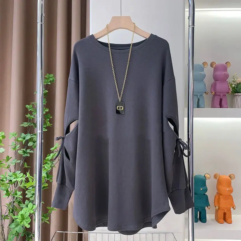 Stylish Solid Color All-match Bandage Hollow Out Blouse Women\'s Clothing 2022 Autumn New Oversized Casual Pullovers Korean Shirt