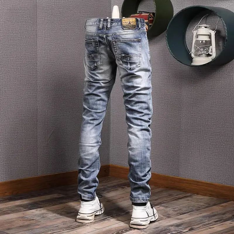 Fashion Designer Men Jeans High Quality Retro Washed Blue Stretch Slim Fit Ripped Jeans Men Trousers Vintage Denim Pants Hombre