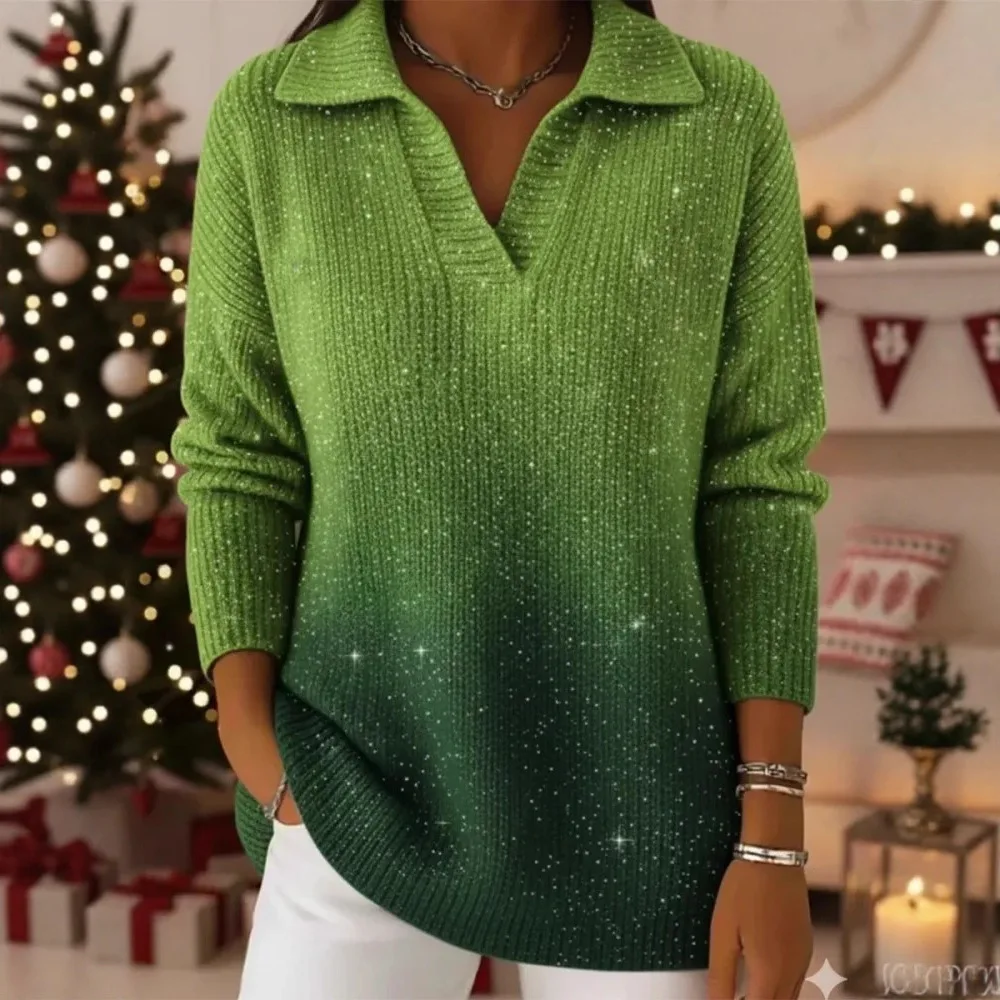 

2026 Dreamy Starry Sky Gradient Polo Collar Knitted Sweater Top European And American Style