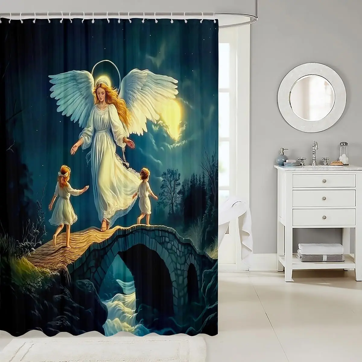 Divine Angel Guiding Girls Inspirational Shower Curtain 72x72 Inches Waterproof Bathroom Decor Kids Faith Art