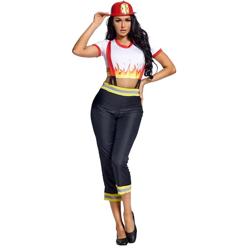 Halloween Women Five-Alarm Fire Chief Firewoman Firefighter Costume Cosplay Role Play Fantasia Party Dress