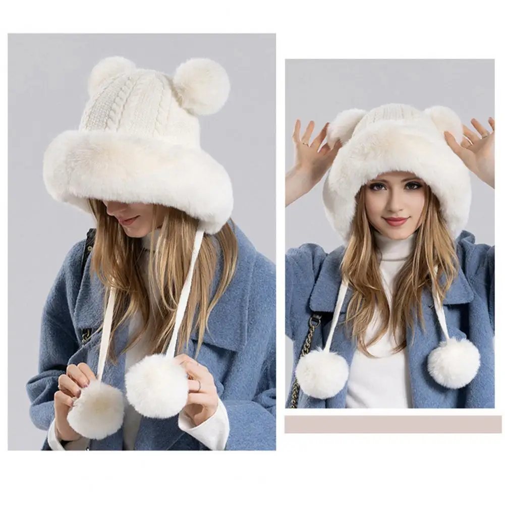 Elastic Knit Beanie Solid Color Knit Hat Cozy Winter Ladies Hat with Fluffy Plush Heat Retention Ball Decor Ear for Outdoor