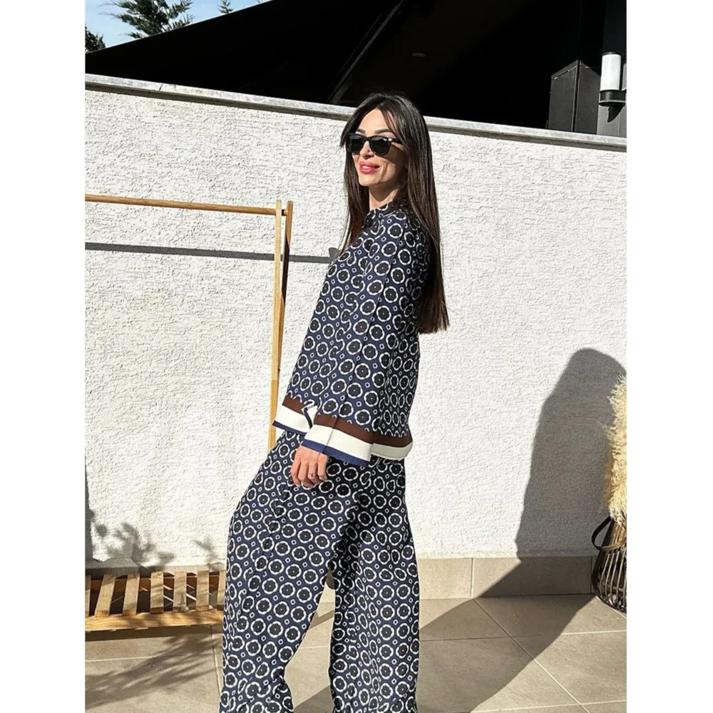 빈티지 프린트 팬츠 세트 봄 가을 여성 셔츠 + 와이드 레그 트라우저 투피스 세트 패션 트렌디 스트릿웨어 여성 정장 2025