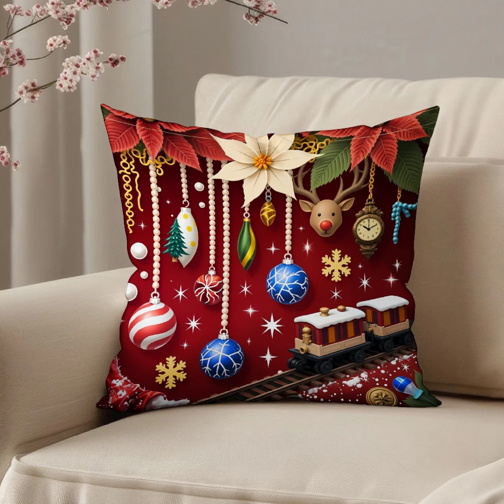 Square Throw Pillow Case Red Christmas Train Reindeer Ornaments Snowflakes Pattern Decorative Cushion Cover For Home Sofa Bedroo