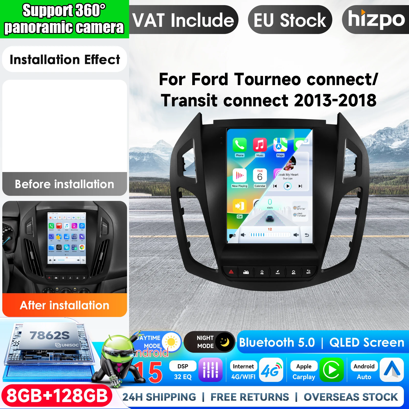 Hizpo Autoradio Android 15 da 9,7 Pollici con GPS Stereo per FORD Transit 2013-2018 Tourneo Connect Lettore Multimediale 4G 8Core Autoradio CarPlay 2Din Stereo Autoradio Navigazione GPS Sistema AI