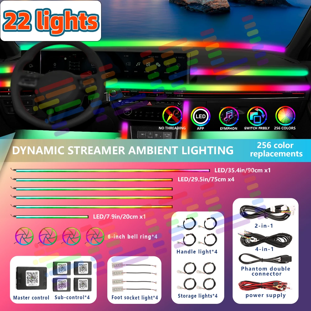 Universal Car Interior Ambient Light App Control Auto Symphony Atmosphere Acrylic LED Lamp Strips 64 RGB Rainbow Lighting 22 in1