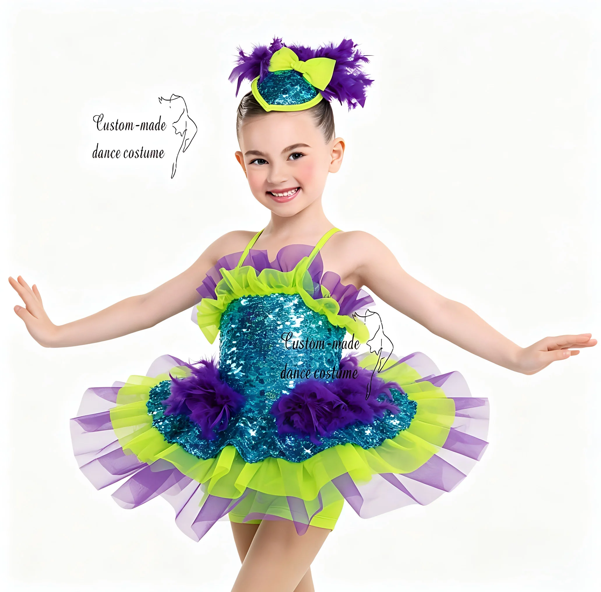 Girls' Sparkly Tropical Dance Dress, Sequin Tutu Costume with Feather Trim and Matching Headpiece, for Kids' Stage Recitals, Com