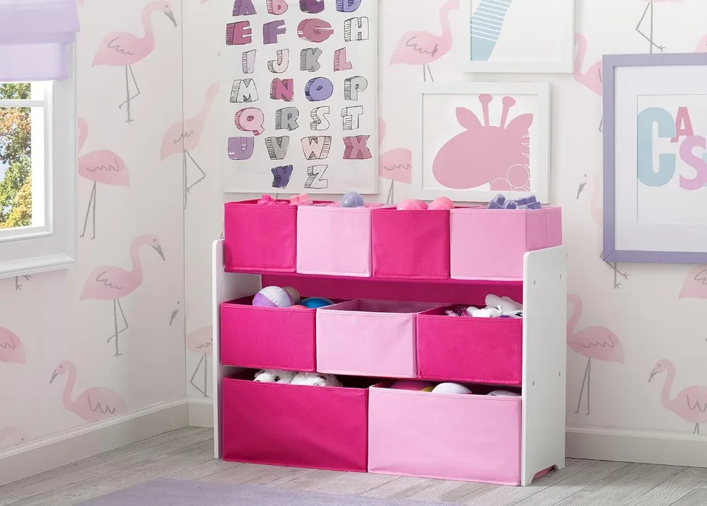 Kids Toy Storage Organizer with Multi-Size Bins, Easy Assembly, White and Pink Colors