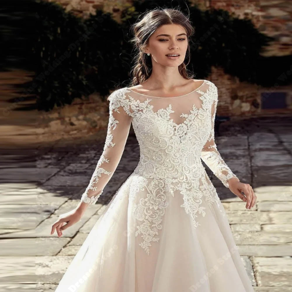 Elegante Spitze Druck Frauen Brautkleider Sexy Spitze Langarm A-Line Brautkleider Wischen Länge Vestidos De Novias Angepasst