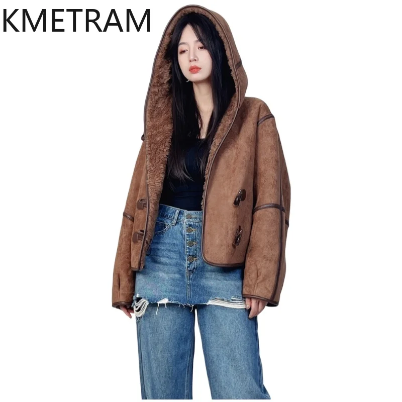 

KMETRAM 100% Wool Coat Woman High Quality Reversible Shearing Jackets with Hood Winter Clothes Warm Furry Jacket 2025 пальто