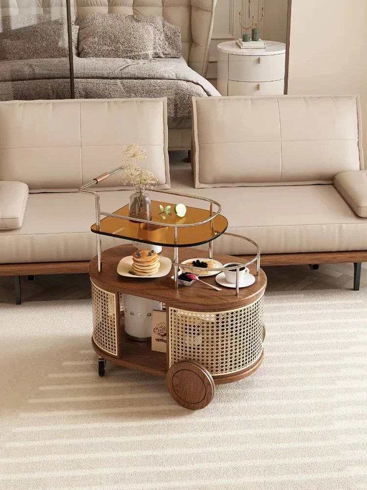 

Simple Living Room Glass Creative Side Table Small Apartment Movable Trolley Dining Car