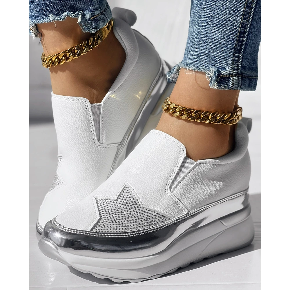 Women Going Out Colorblock Rhinestone Decor Sneakers Platform Slip On Sports Shoes Spring Fashion Casual Round Toe Flats Mujer