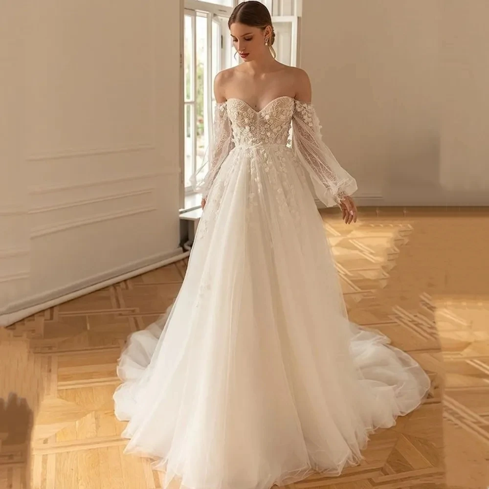 Classic Tulle Wedding Dresses Sweetheart Off The Shoulder Robes A-Line Elegant Bridal Gowns Lace Applique Vestidos De Novia 2024