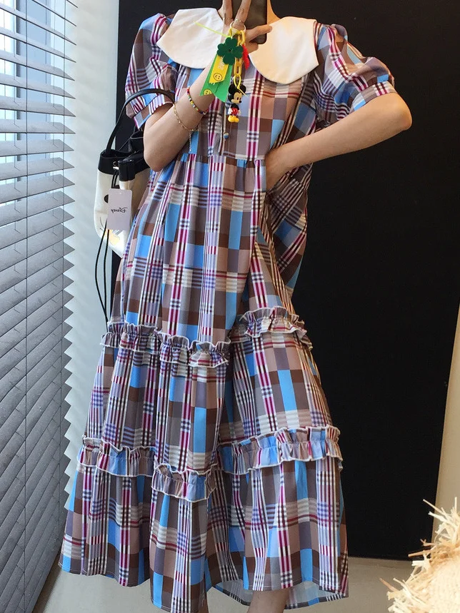 Marinekragen, A-Linie, Dr mit Cheered-Print und Farbkolion, langer Rock, Saum, Reisen, Fotografie, Freund, Frühling, Herbst, W...