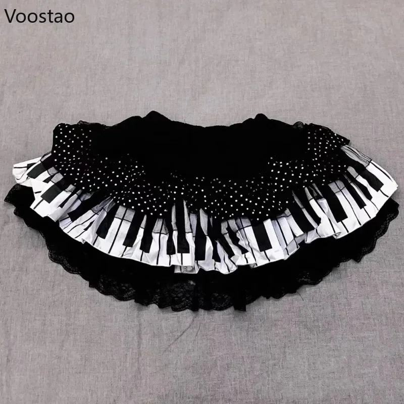 Japanese Harajuku Y2k Lolita Mini Skirt Women Vintage Black White Piano Keys Polka Dot Lace Party Skirts Casual Punk Cute Faldas