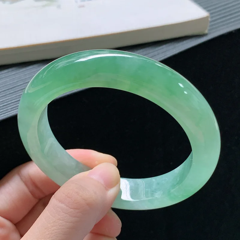 Jadeite bracelet, Burmese old mine ice waxy jade, regular round shape, with floating patterns, bright green and light green, rou view 3