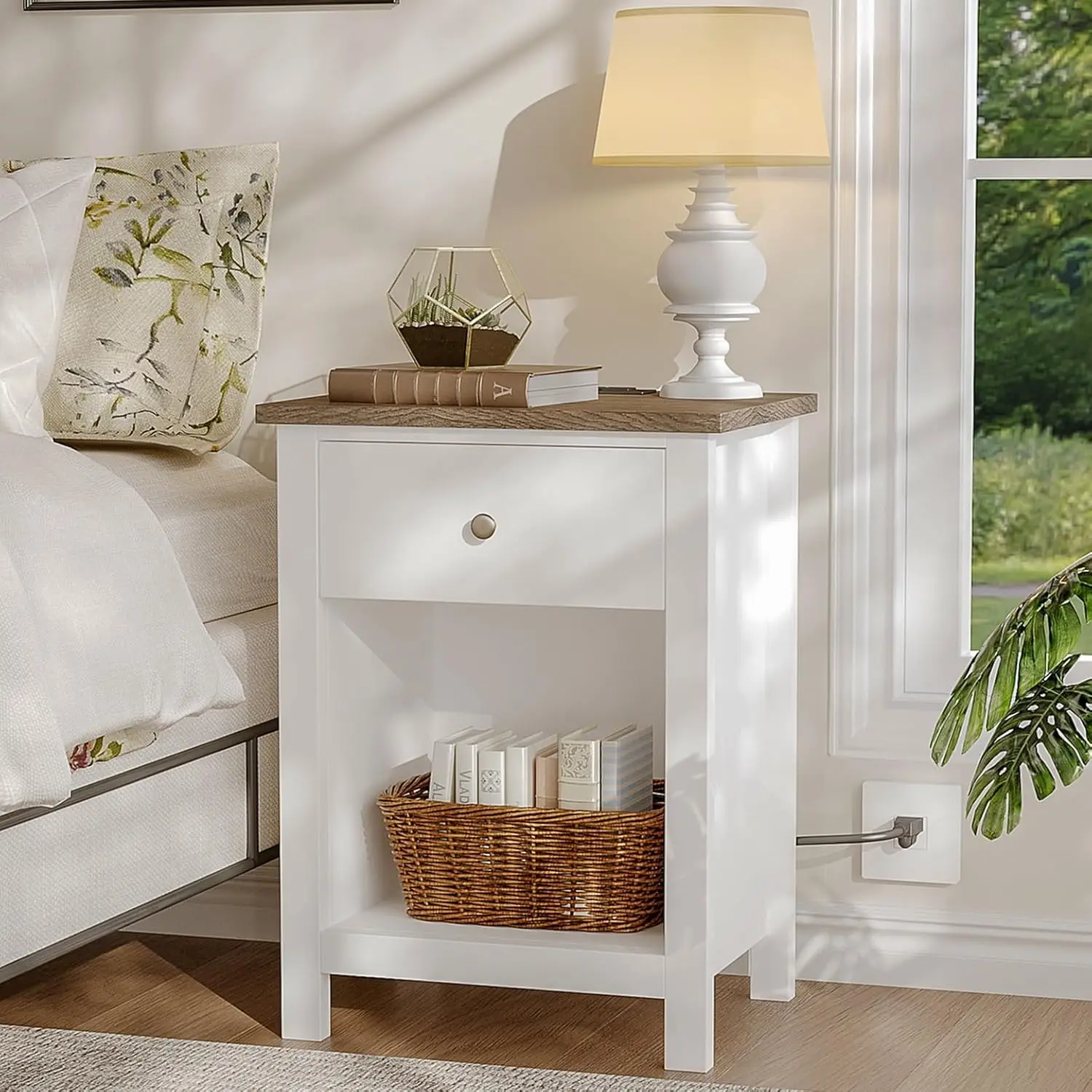 ChooChoo Farmhouse Nightstand with Charging Station, Wooden Top Bedside End Table with Drawer and Storage Space for Bedroom, Whi