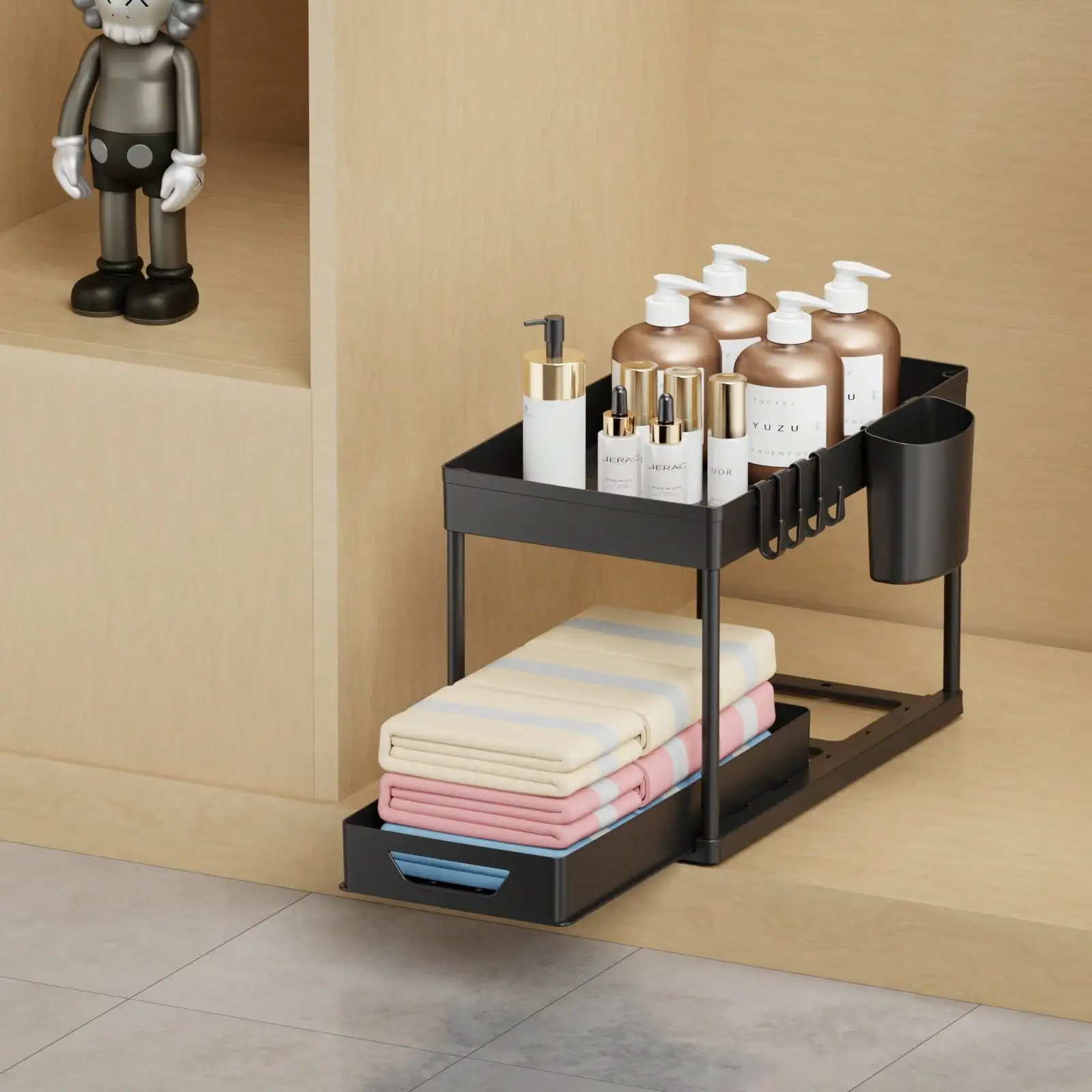 2-Tier Under Sink Organizer with Pull Out Drawers, Slide Out Cabinet Storage Shelf, Double Layer Bathroom Rack for Kitchen, Pantry, Black view 8