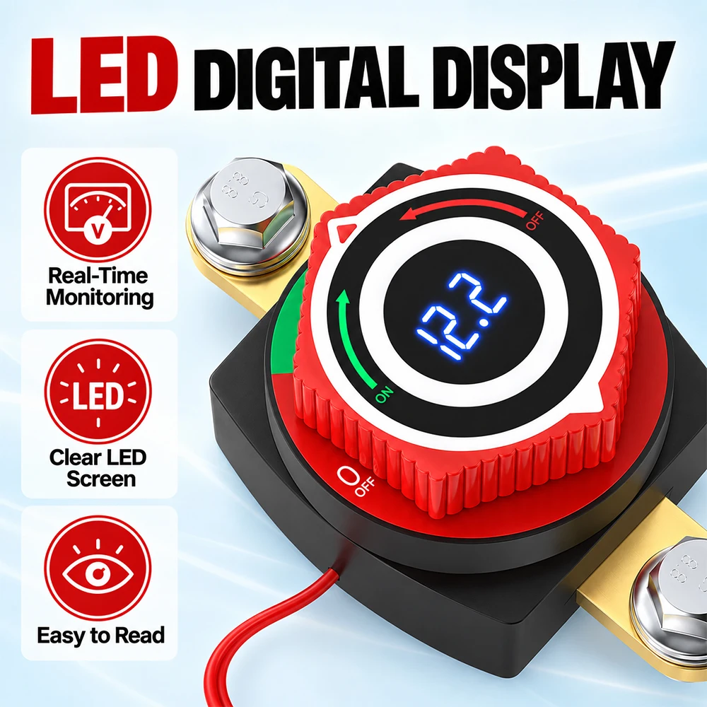 Side Post Digital Battery Disconnect Switch DC5‑80V with LED Voltmeter 275A Car Kill Switch On‑Off Battery Cut Off Switch