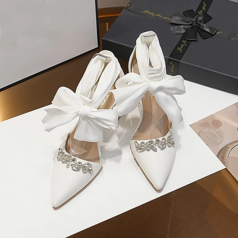Chunky Heel Pointed Toe Hollow Out Rhinestone Bow Strap Wedding Bridal Party Shoes