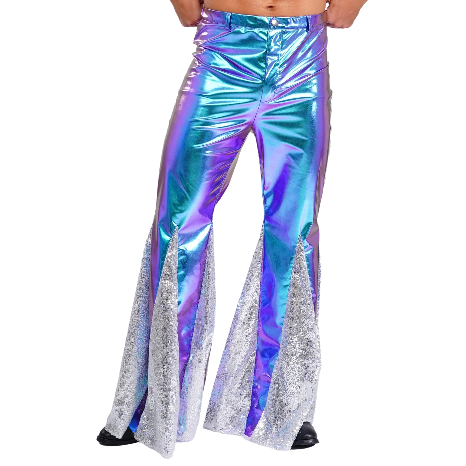 Mens Shiny Metallic Flared Long Pants 70s Disco Pants Trousers Hippie Vintage Costume Dance Party Trousers Shiny Bell Bottoms