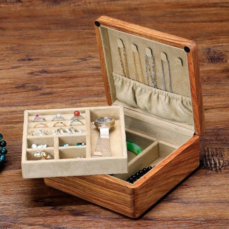 Solid Wood Jewelry Box Retro Ring Earrings Storage Boxes Portable Necklace Bracelet Organizer Case Luxury Women Jewelry Cases