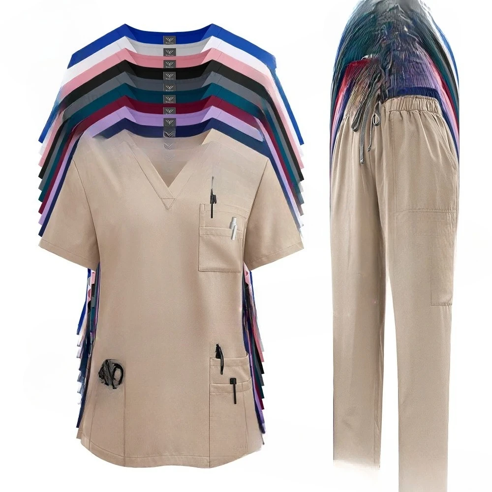 

Разноцветные скрабы, униформа, женские топы с короткими рукавами + брюки, набор скрабов, униформа для кормления, скраб для домашних животных, медицинская хирургия, спецодежда 2026