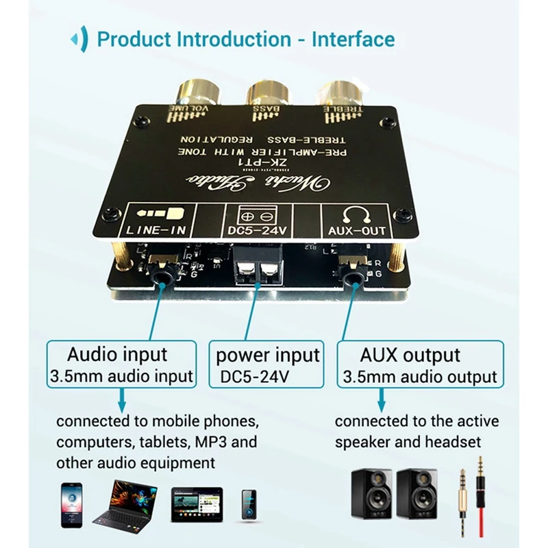 5X Bluetooth 5.0 Decoder Board Dual Channel Stereo Low Noise High And Low Tone Pre-Module Amplifier Board ZK-PT1