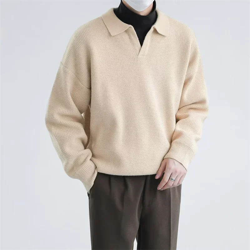 2025 New V-neck Long Sleeve Pullover Sweater For Men Korean Fashion Knitted Polo Shirts Y2K Vintage Lapel Knitwear jersey hombre