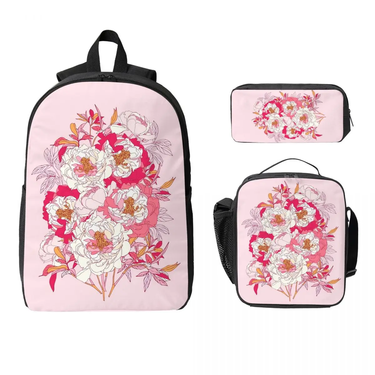 

Pink Peony Spring Floral Bouquet Backpack Boys Girls BookBag School Bag Laptop Shoulder Bags 3ps Insulated Lunch Bag Pencil Case