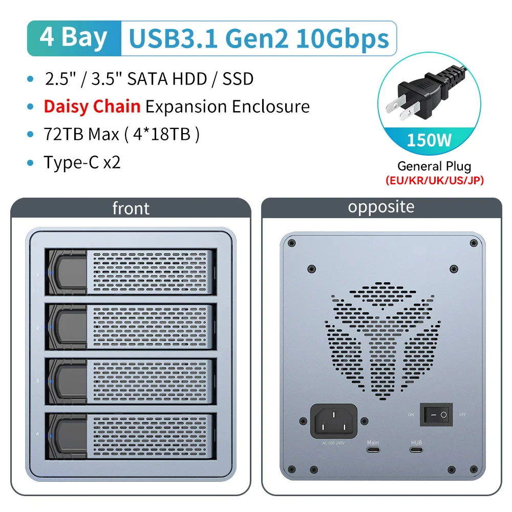 【Free Shipping From Overseas Warehouse】Yottamaster 5 Bay 90TB RAID externe harde schijfbehuizing 150W vermogen met koelventilator 2,5 "3,5" SATA HDD SSD harde schijfopslag