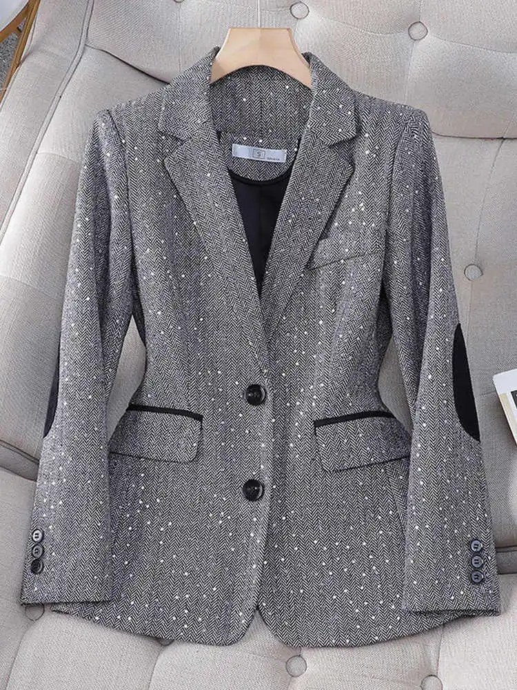 Grey Sequined Suit Jacket For Women Spring Autumn Elegant Single-breasted Slim Fit Casual Blazer Office Ladies Outerwear