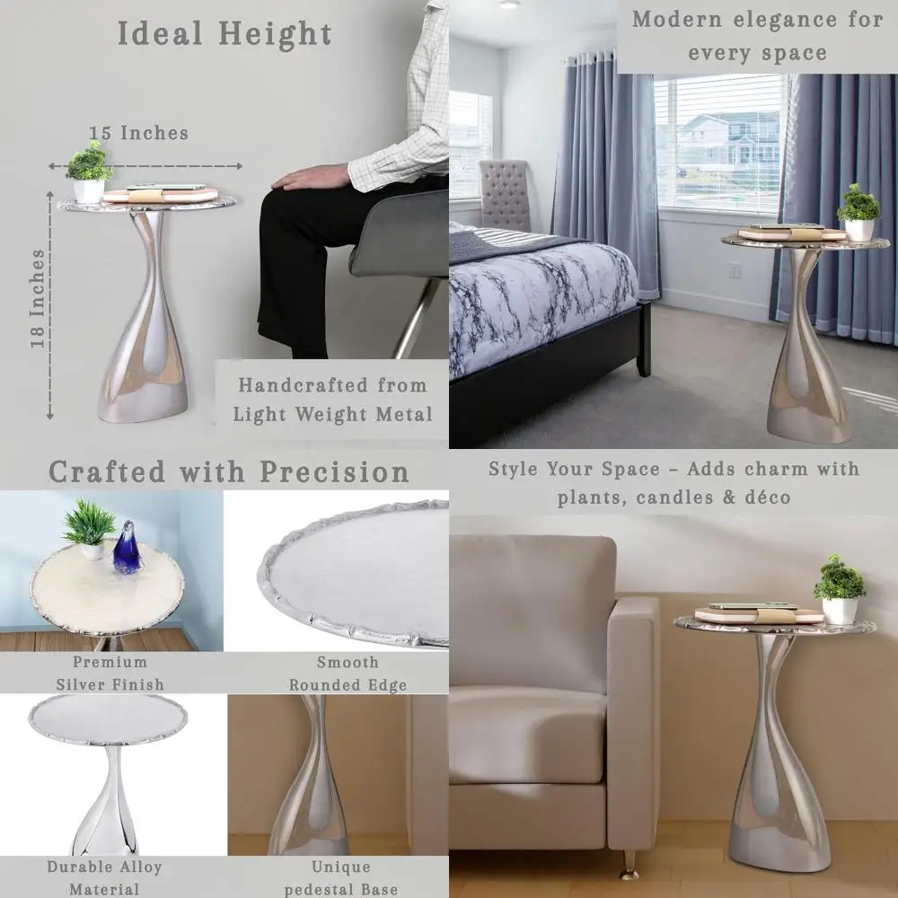 

Modern Minimalist 18 Silver Metal Accent Table for Small Spaces: Living Room, Bedroom, Balcony - Easy Assembly