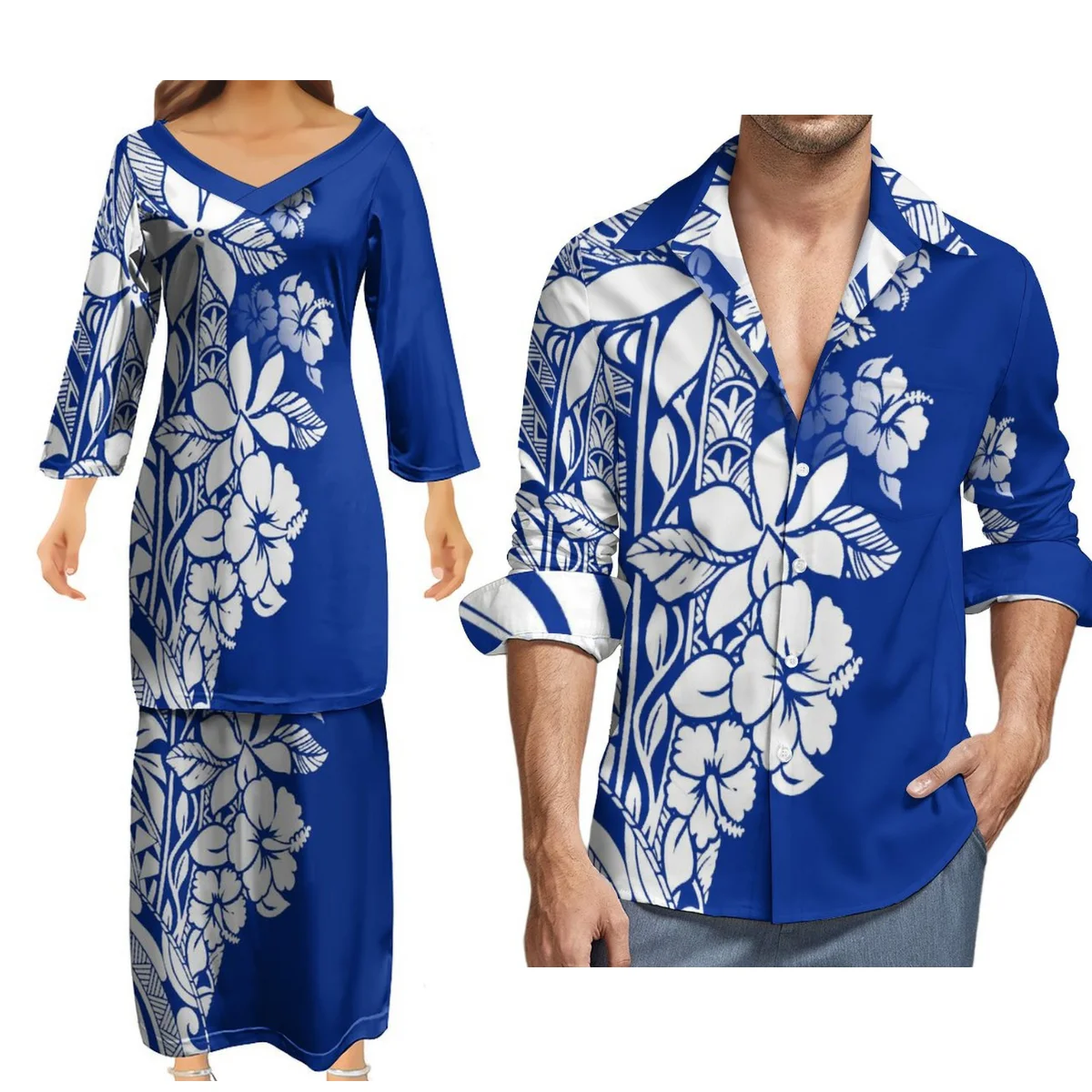 

Polynesian Midi Party Couple Set Women'S Puletasi Top And Long Skirt Set Samoa Club Elegant Dress And Men'S Long Sleeve Shirt